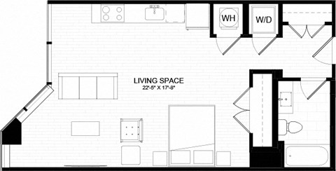 Floor plan for studio, 1 bath, 603 sqft