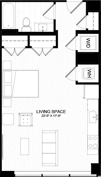 Floor plan for studio, 1 bath, 592 sqft