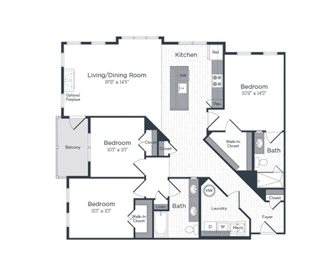 Floor plan for 3 beds, 2 baths, 1396 sqft