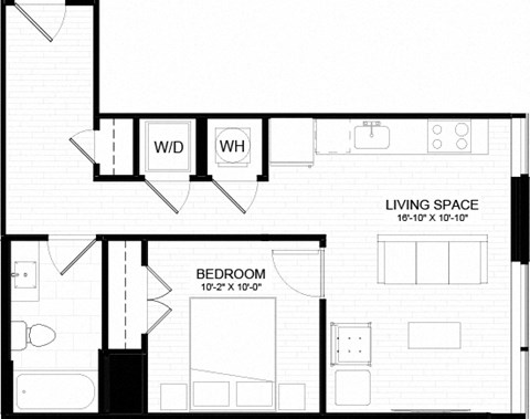 Floor plan for 1 bed, 1 bath, 578 sqft