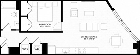 Floor plan for 1 bed, 1 bath, 767 sqft