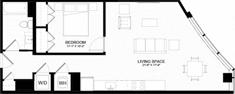 Floor plan for 1 bed, 1 bath, 767 sqft