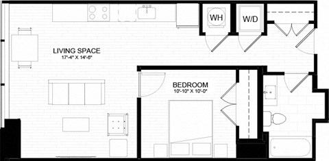 Floor plan for 1 bed, 1 bath, 666 sqft