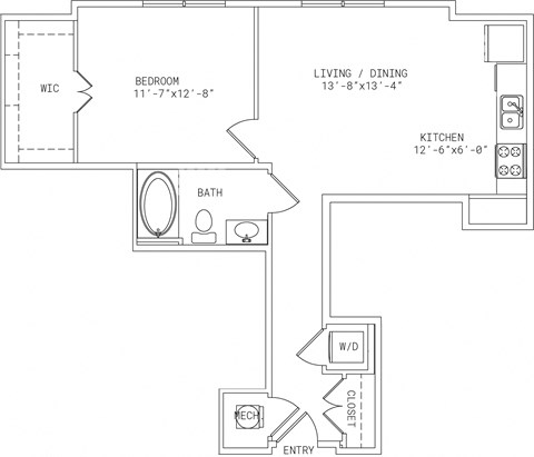 Floor plan for 1 bed, 1 bath, 713 sqft