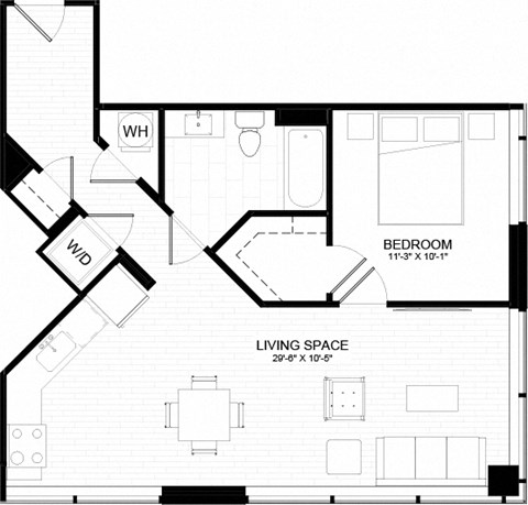 Floor plan for 1 bed, 1 bath, 752 sqft