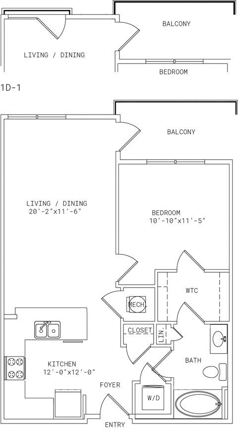 Floor plan for 1 bed, 1 bath, 775 sqft