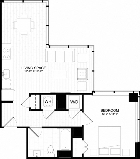 Floor plan for 1 bed, 1 bath, 737 sqft