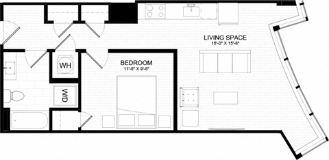 Floor plan for 1 bed, 1 bath, 635 sqft