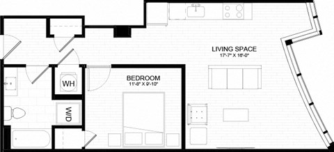 Floor plan for 1 bed, 1 bath, 661 sqft