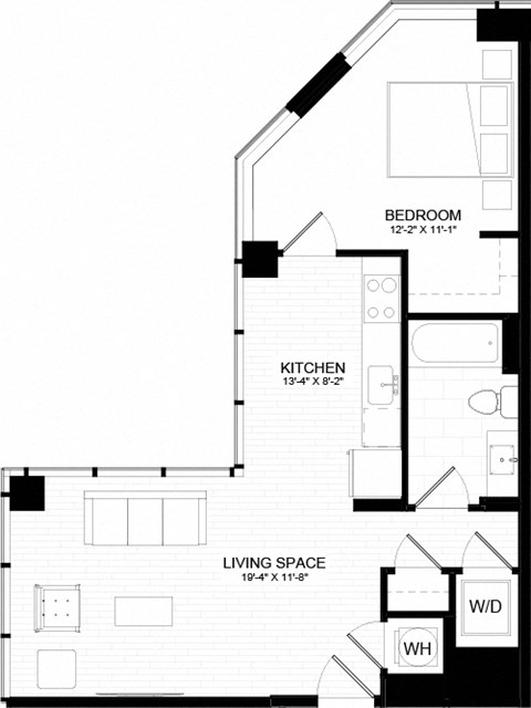 Floor plan for 1 bed, 1 bath, 682 sqft