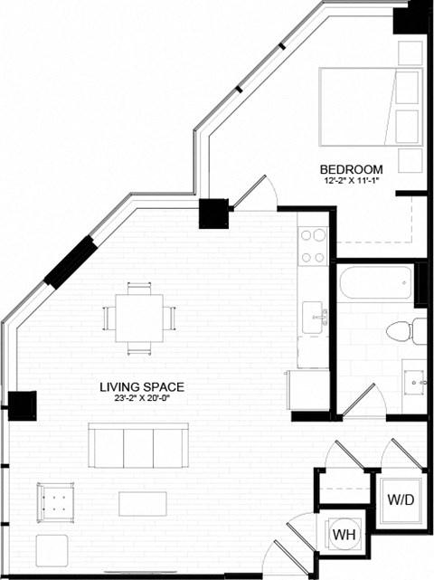 Floor plan for 1 bed, 1 bath, 797 sqft