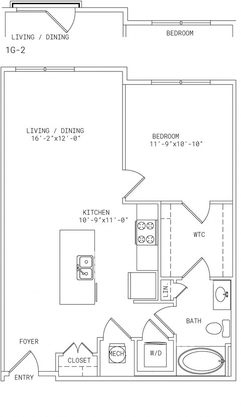 Floor plan for 1 bed, 1 bath, 741 sqft