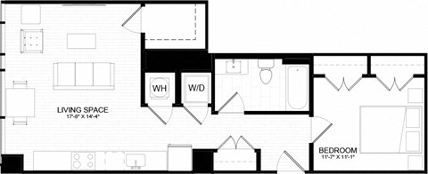Floor plan for 1 bed, 1 bath, 700 sqft