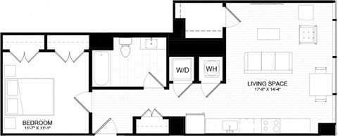 Floor plan for 1 bed, 1 bath, 724 sqft