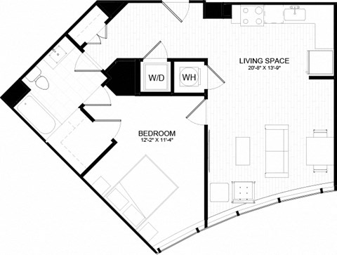Floor plan for 1 bed, 1 bath, 727 sqft