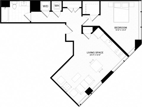 Floor plan for 1 bed, 1 bath, 829 sqft