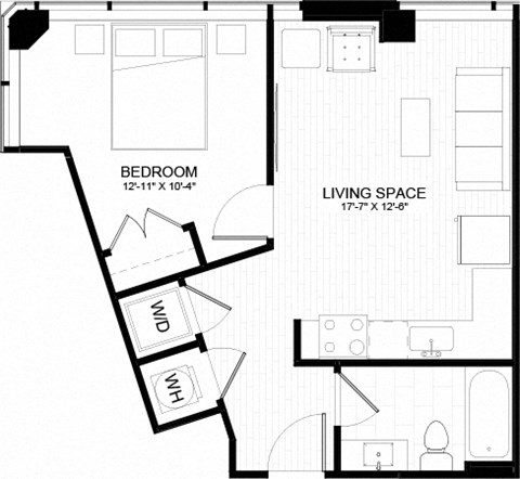 Floor plan for 1 bed, 1 bath, 554 sqft