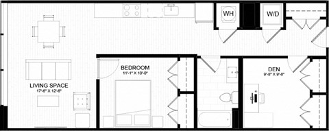 Floor plan for 1 bed, 1 bath, 844 sqft