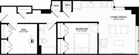 Floor plan for 1 bed, 1 bath, 798 sqft