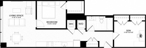 Floor plan for 1 bed, 1 bath, 883 sqft