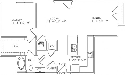 Floor plan for 1 bed, 1 bath, 967 sqft