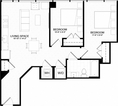Floor plan for 2 beds, 1 bath, 816 sqft