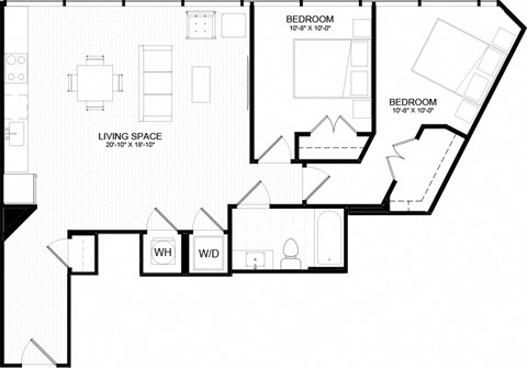 Floor plan for 2 beds, 1 bath, 943 sqft