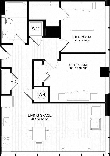 Floor plan for 2 beds, 1 bath, 888 sqft