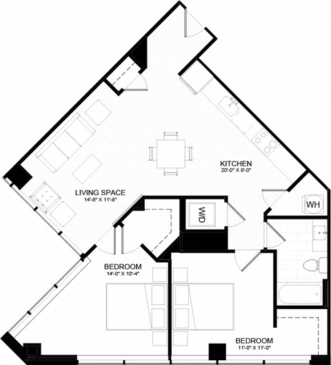 Floor plan for 2 beds, 1 bath, 936 sqft