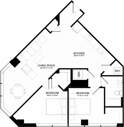 Floor plan for 2 beds, 1 bath, 1051 sqft
