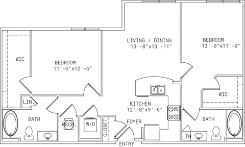 Floor plan for 2 beds, 2 baths, 1038 sqft