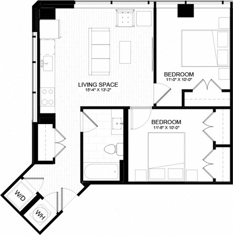 Floor plan for 2 beds, 1 bath, 723 sqft