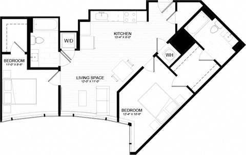 Floor plan for 2 beds, 2 baths, 927 sqft