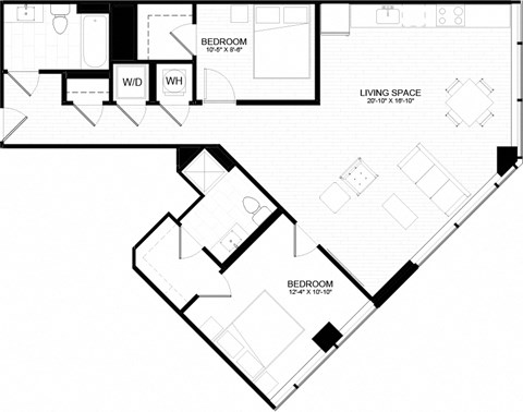 Floor plan for 2 beds, 2 baths, 1045 sqft
