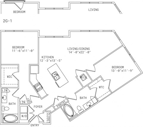 Floor plan for 2 beds, 2 baths, 1212 sqft
