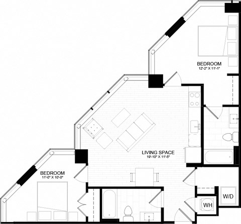 Floor plan for 2 beds, 2 baths, 914 sqft