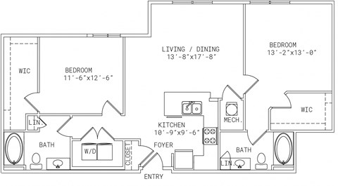 Floor plan for 2 beds, 2 baths, 1152 sqft
