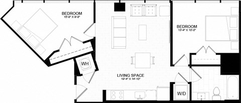 Floor plan for 2 beds, 1 bath, 842 sqft