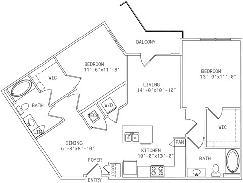 Floor plan for 2 beds, 2 baths, 1124 sqft