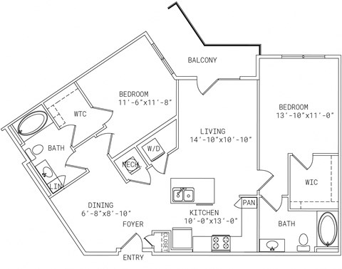 Floor plan for 2 beds, 2 baths, 1118 sqft
