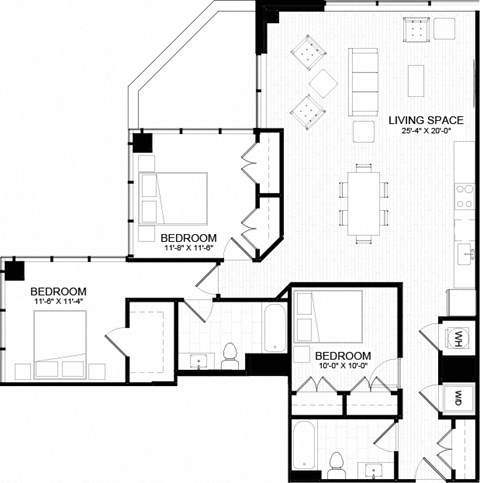 Floor plan for 3 beds, 2 baths, 1411 sqft