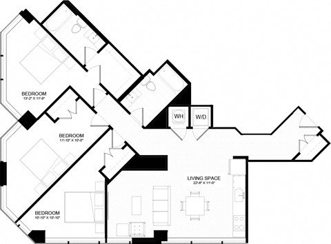 Floor plan for 3 beds, 2 baths, 1290 sqft