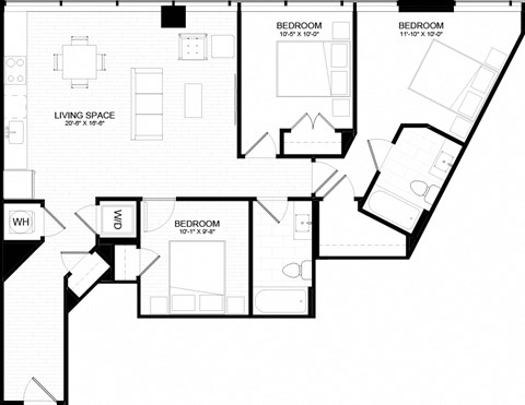 Floor plan for 3 beds, 2 baths, 1182 sqft