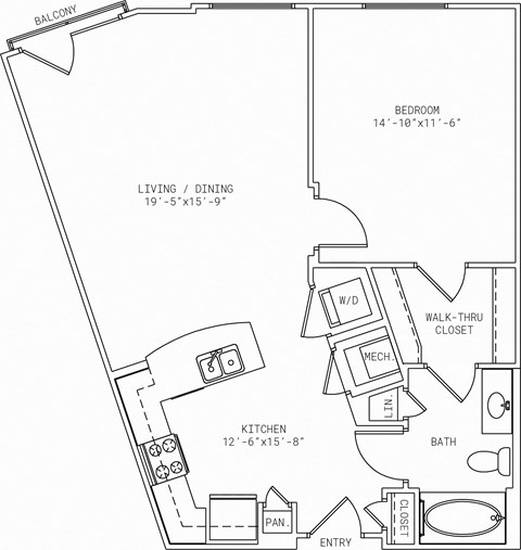 Floor plan for 1 bed, 1 bath, 818 sqft