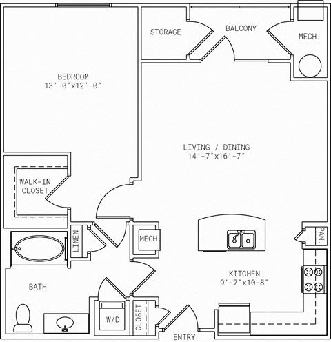 Floor plan for 1 bed, 1 bath, 837 sqft