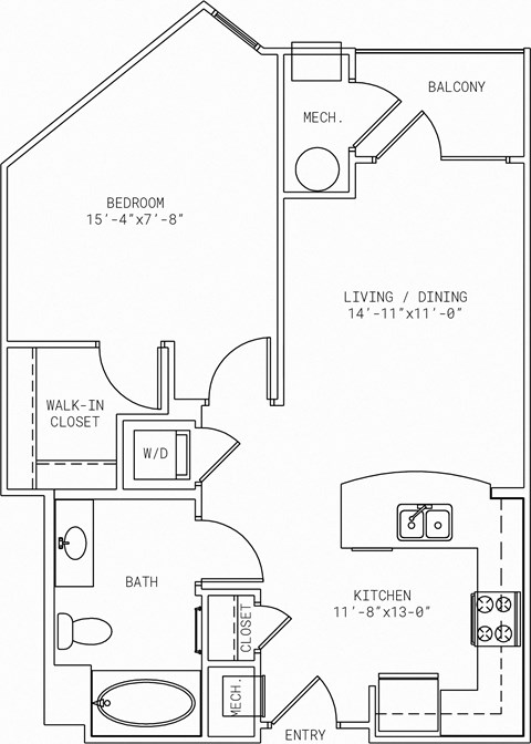 Floor plan for 1 bed, 1 bath, 702 sqft