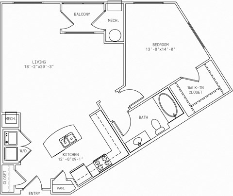 Floor plan for 1 bed, 1 bath, 898 sqft