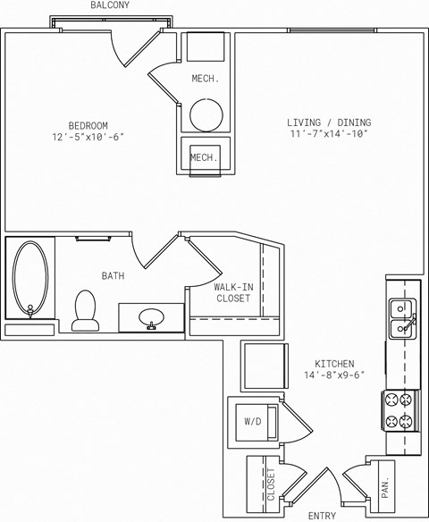 Floor plan for studio, 1 bath, 633 sqft