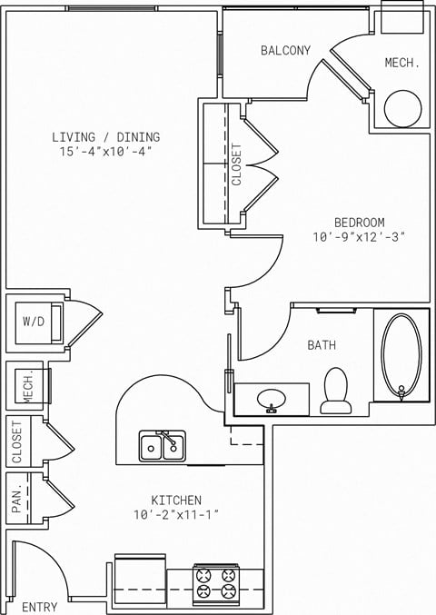 Floor plan for 1 bed, 1 bath, 640 sqft