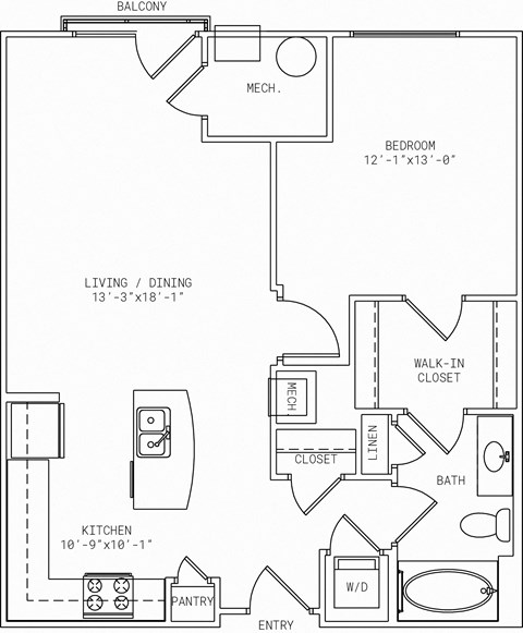 Floor plan for 1 bed, 1 bath, 832 sqft